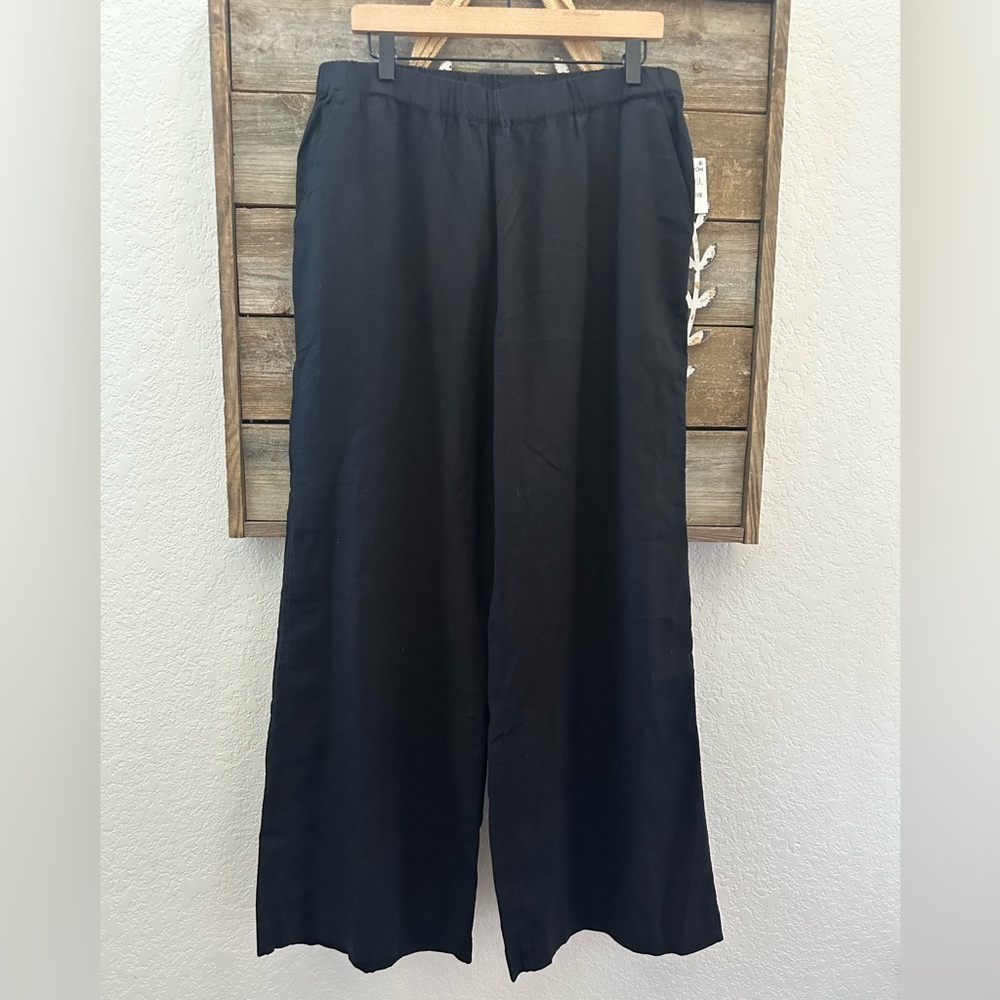 Nordstrom Caslon Black Linen blend wide leg pants stretch waist L NWT‎